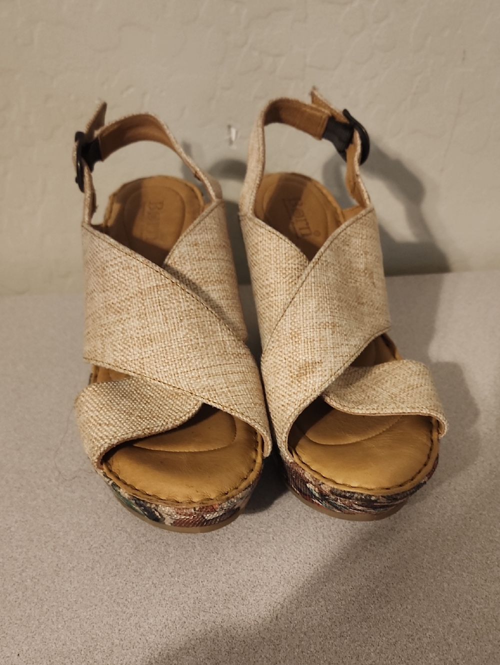 Born Cream Crossband Wedge Sandals with Patterned Trim